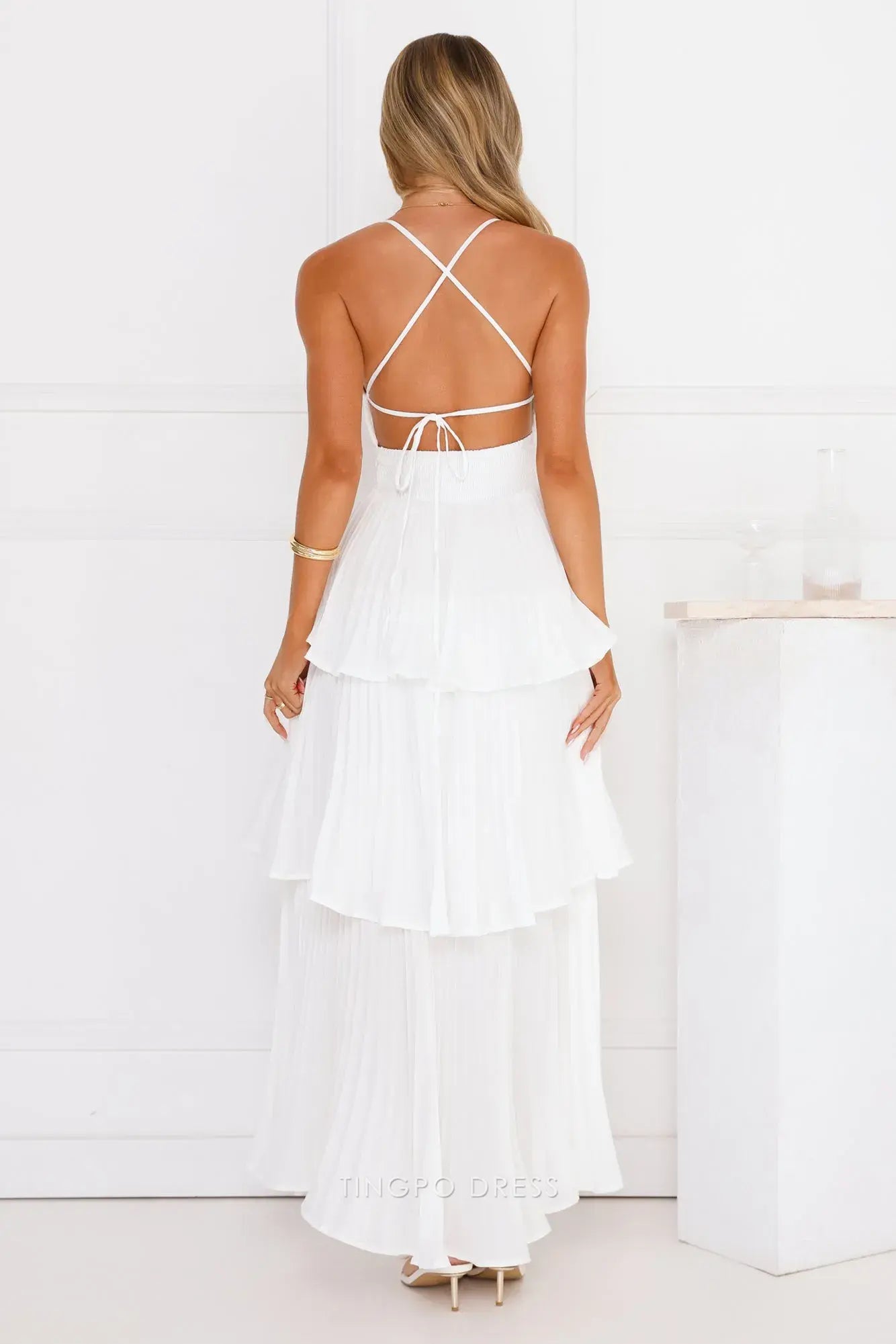 Elegant A-Line Spaghetti Strap Tiered Maxi Dress with Open Back Prom Dress